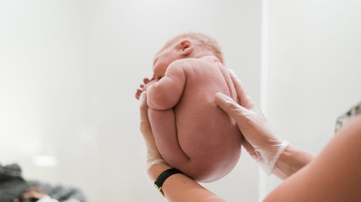 Een pasgeboren wordt in de wombpositie vastgehouden